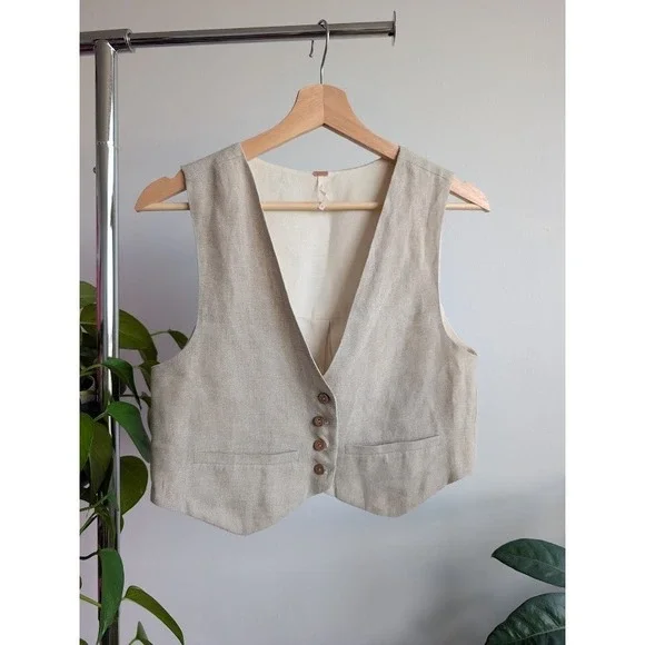 Free People 100% Linen Set 0 Shorts Vest Beige V Neck boho Malia - Picture 2 of 10